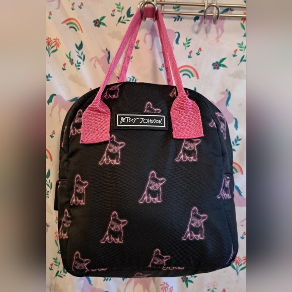 EUC Y2K Betsey Johnson Black & Pink Bulldog Frenchie School Work Lined Lunch Bag - Picture 1 of 7